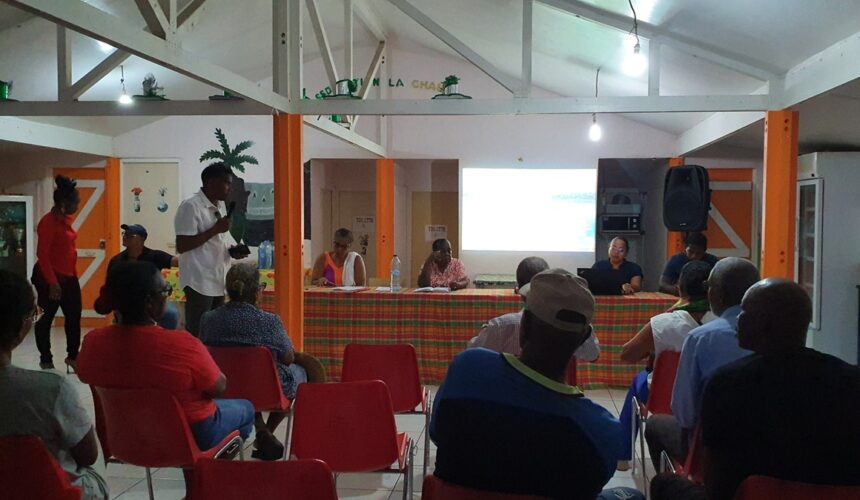 Des élus dont le maire Claude Edond au micro, et résidents échangent sur la réduction des déchets dans le quartier de Dolé, lors de l’atelier « zéro déchet » à Gourbeyre mercredi 20 août. Photo : Ville de Gourbeyre