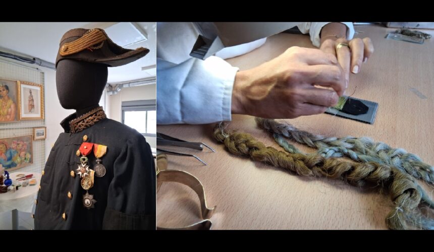 Le grand uniforme de Camille Mortenol, officier de marine guadeloupéen et héros de la Première Guerre mondiale, stabilisé au Musarth par Stéphanie Ovide, restauratrice du patrimoine textile.