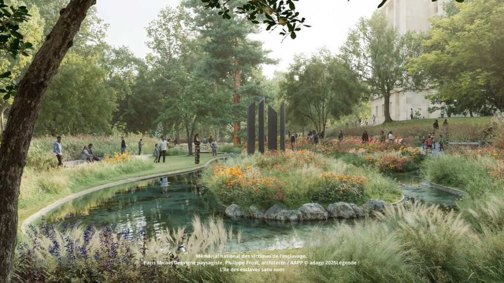 L’île des esclaves sans nom du futur Mémorial des noms dans les jardins du Trocadéro. Illustration : Michel Desvigne paysagiste, Philippe Prost architecte, AAPP