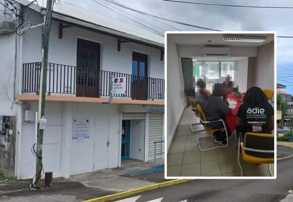 La devanture du local France services de Sainte-Rose, lieu des Cafés créateurs de l’Adie. À droite en incrustation, une session d’accompagnement qui illustre le dispositif. Photomontage LCG.