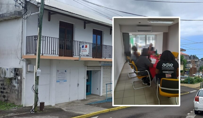 La devanture du local France services de Sainte-Rose, lieu des Cafés créateurs de l’Adie. À droite en incrustation, une session d’accompagnement qui illustre le dispositif. Photomontage LCG.