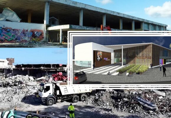 En fond, l'ancienne aérogare du Raizet détruite, dont le site doit accueillir le futur pôle technique de Cap excellence dont la vue de la maquette du projet est au centre. Photomontage : LCG