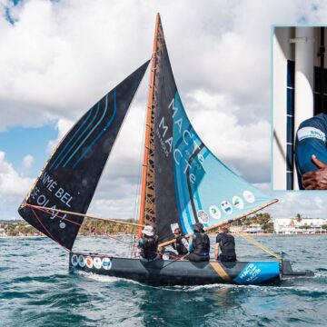 Novembre 2022. 1ère édition du Trophée des Saintoises, Route du Rhum - Destination Guadeloupe. Photomontage embarcation Macte an nou, en médaillon Carl Chipotel, président de l’Anasa.