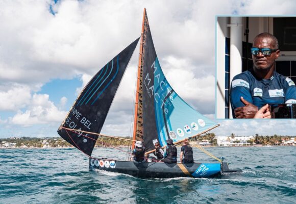 Novembre 2022. 1ère édition du Trophée des Saintoises, Route du Rhum - Destination Guadeloupe. Photomontage embarcation Macte an nou, en médaillon Carl Chipotel, président de l’Anasa.