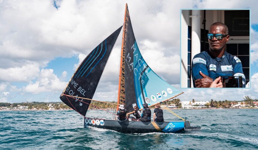 Novembre 2022. 1ère édition du Trophée des Saintoises, Route du Rhum - Destination Guadeloupe. Photomontage embarcation Macte an nou, en médaillon Carl Chipotel, président de l’Anasa.