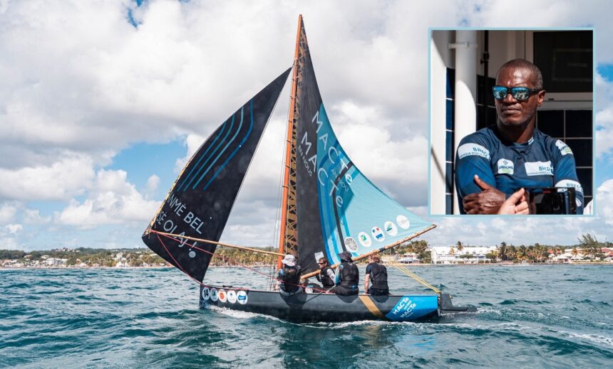 Novembre 2022. 1ère édition du Trophée des Saintoises, Route du Rhum - Destination Guadeloupe. Photomontage embarcation Macte an nou, en médaillon Carl Chipotel, président de l’Anasa.